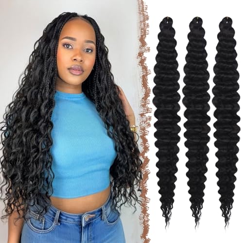 FESHFEN Ocean Wave Crochet Extension   Pelo Crochet Rizado Natural Deep Wavy Hair Extensions de Cabello Negro Sintético Trenzas Postizas para Mujeres, 55 cm 3 Piezas