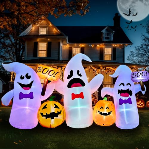 Image of 8FT Long Halloween Inflatable Ghosts and Pumpkins, 3 Blow Up Ghosts Inflatables with 2 Pumpkin Built-in LED Lights for Halloween Party Yard Garden Lawn Decorations