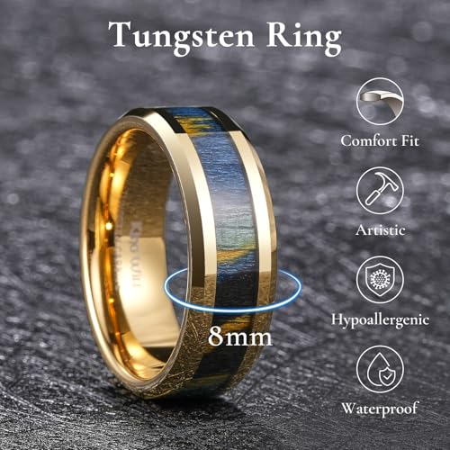 King Will Mens 8mm Tungsten Carbide Wedding Band Rings - Black/Gunmetal/Gold Promise Rings Inlay Multicolored Wood Chips, Comfort Fit Size 7-142