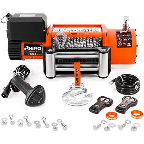 Rhino Electric Winch 24v 17500lbs / 7940Kg Capacity 26m Steel Cable Heavy Duty 4x4 Off-Road Recovery Winch Including Fairlead Roller & Wireless Remotes Cover