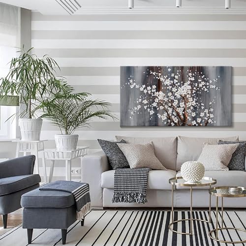 Image of AJAZIKO Wall Art for Living Room Large Modern Wall Decor Canvas Paintings for Wall Decorations White Flower Brown Bedroom Office Artwork Plum Blossom Art Prints Framed
