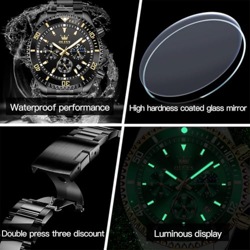 Image of OLEVS Watch for Men Stainless Steel Analog Quartz Chronograph Moon Phase Watch Waterproof Date Luminous Wrist Male Watches,Gift for Men
