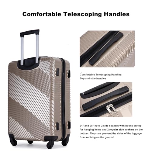 3 Piece Luggage Sets Pc+Abs Lightweight Suitcase With Two Hooks, Spinner Wheels, (20/24/28) Gold3