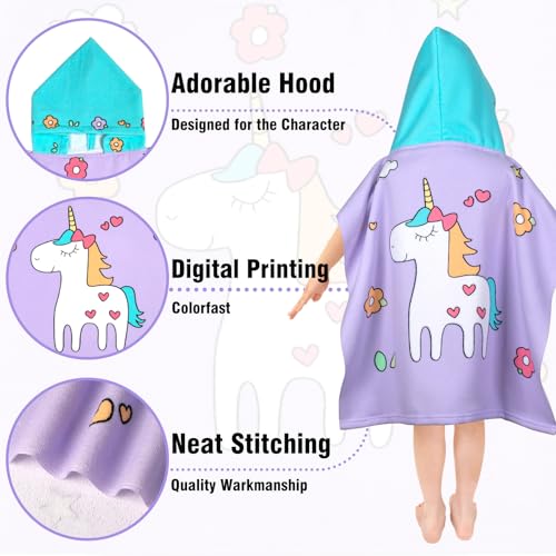 Image of Hooded Kids Beach Towels - Toddler Bath Towel Girls Boys Swim Cover-ups for Ages 1 to 6 Kids Pool Towels Quick Dry Lightweight Soft Microfiber Poncho Towel 24x23(Flower Unicorn New)
