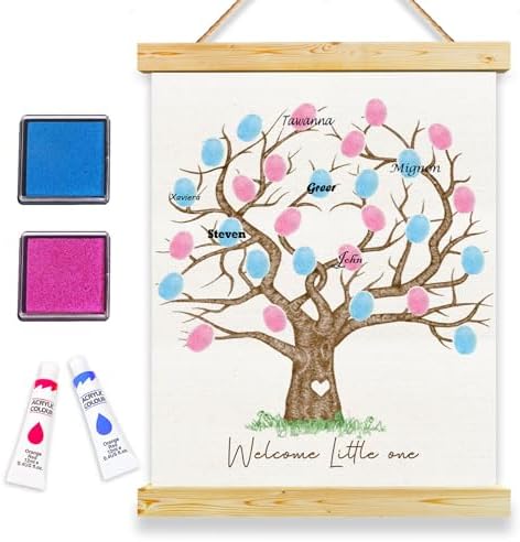 QZCYU Gender Reveal Fingerprint Tree Canvas Guest Books, Baby Sho...
