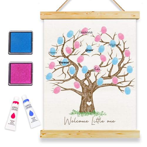 Image of QZCYU Gender Reveal Fingerprint Tree Canvas Guest Books, Baby Shower Decorations, Gender Reveal Party Decorations Gifts Ideas, Baby Shower Party Supplies, Thumbprint Hanging Paintings(12x15in)
