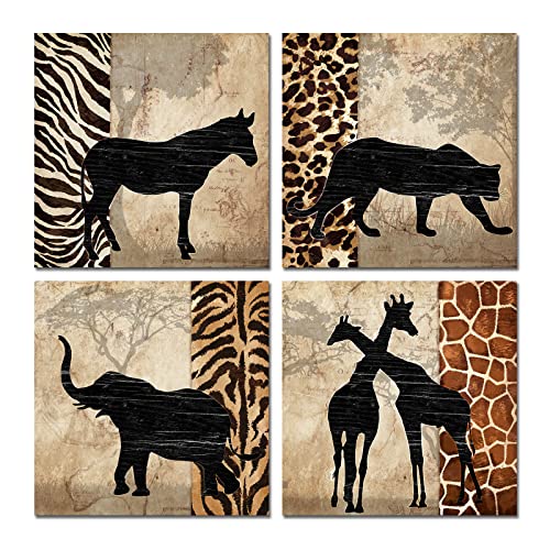 HOMEOART Arte de pared de animales africanos impresiones en lienzo jirafa cebra elefante leopardo pintura africana Landcape sala de estar dormitorio decoración 12 x 12 x 4 piezas Cover