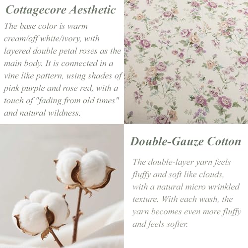 Image of FADFAY Vintage Romantic Sheets Set Queen Peony Floral Bedding Cottagecore Botanical Sheets Shabby Floral Farmhouse Bedding 100% Muslin Cotton 4Pcs
