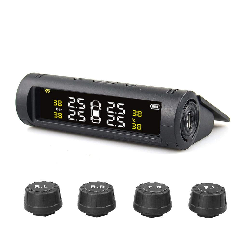 Tpms Sistema di monitoraggio dell'Allarme della Pressione dei Pneumatici for Auto Solare Sensore di Temperatura Interno ed Esterno dei Pneumatici a 4 Ruote Pressione Pneumatici(External)