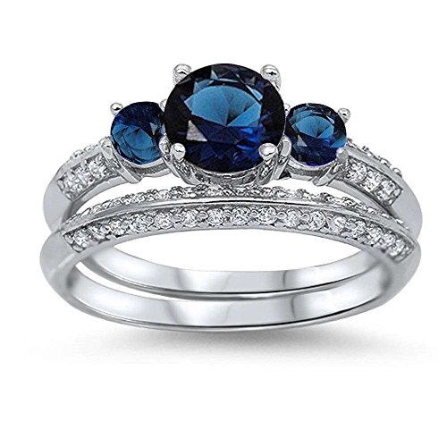 Oxford Diamond Co Blue Simulated Sapphire & Cubic Zirconia Bridal Set .925 Sterling Silver Ring Size 7