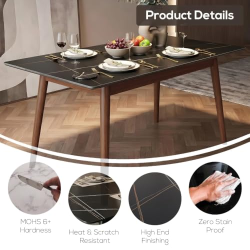 Image of Italiana 15mm Ultra-Slim Sintered Stone Dining Table - 140cm x 80cm Black Faux Marble Executive Table | Mohs 6+ Hardness Scratch-Resistant | Wooden Frame | Suitable for 4-6 Seater