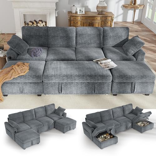 Image of Hanherry 104 inch Sectional Couch with Pull Out Sofa Bed,Corduroy Sleeper Sofa with Storage Ottoman & USB Charging,Comfy L Shaped Modular Couches for Living Room,Apartment