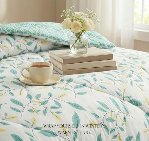 Image of VAS COLLECTIONS Cloud Cotton Reversible AC Comforter for Double Bed | Super Soft 220 GSM Quilt /Duvet /Dohar | Lightweight All-Season Comforter | 88 x 90 Inches (1 Piece) (Cream, Green)