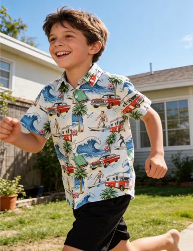 Image of Boys Hawaiian Shirt Kids Button Down Aloha Beach Hawaii Tops 5-14Y | Quick Dry, Breathable, Cooling & Lightweight, For Summer Vacation Holiday, Fourth of July, Youth, Teen, Shark, Dinosaur