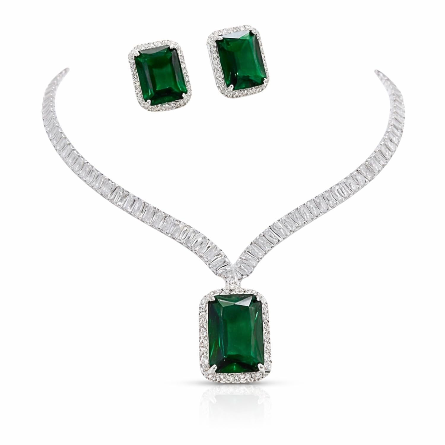 DD Emerald Stone Artificial Necklace Set for Women | Crystal Pendant Necklace with Matching Stud Earrings | Elegant Party & Wedding Jewelry Set for Women & Girls-image-20