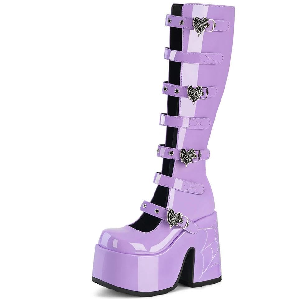 SEIFIN Women's Gothic Lolita Boots Platform Open Front Knee High Chunky Wedge Heels Y2K Buckle Strap Patent Leather Motorcycle Combat Booties