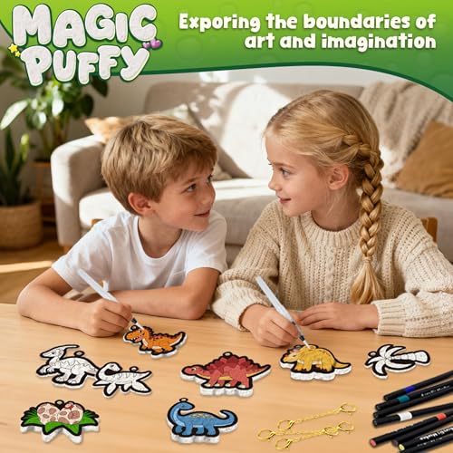 Image of MZYTOZA 3D Art Kit Aqua Magic Puffs Dinosaur - Double-Sided, 15 Mess-Free Paint by Number Craft for Kids, Christmas Gift Idea & Stocking Stuffer, Art Projects with Puff Markers