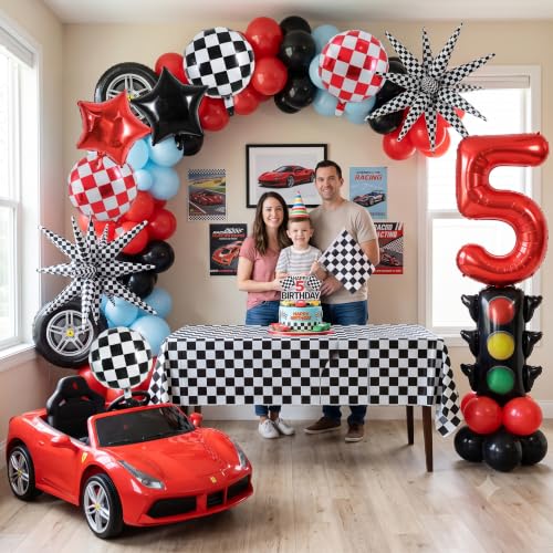 Image of TONIFUL Race Car Party Balloons Set - 40 Inch Red Number 5 Foil Balloon with Checkered Round, Explosion Star & Star Balloons for Boys 5th Birthday Car Themed Decorations, Photo Backdrop Supplies