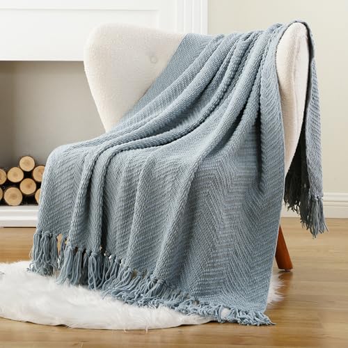 Image of BATTILO HOME Blue Grey Chenille Throw Blanket for Couch, 60 inchx80 inch