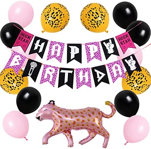 Rock and Roll Party Decorations for Girl Women Pink Birthday, Leopard Balloons, Leopard Rockstar Birthday Banner, Punk Goth Music Theme Birthday Party Decorations