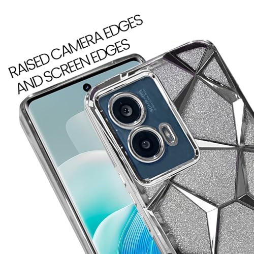Image of VONZEE Gradient Glitter Case for Moto Edge 50 Fusion /Moto G96, Luxury Electroplated 3D Cube, Diamond Bling Shiny Soft TPU Clear Shockproof Case Women Girls Protective Phone Cover (Silver)