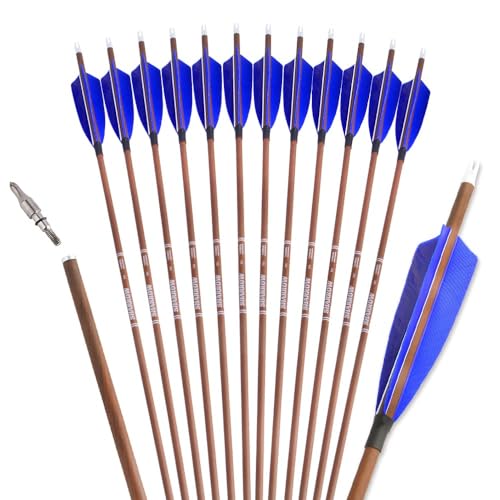 SHARROW 12P 100% Reines Carbon Pfeile 32 Zoll Pfeile für Bogenschießen Spine 600 Zielbogenschießen Jagdpfeile mit 4 Zoll Natürlich Federn Pfeile für Recurvebogen Compoundbogen (Sp 600, Blau)