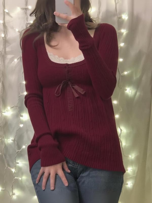 Women Y2K Fairy Grunge Long Sleeve Sweater Aesthetic Button Up Babydoll Knit Tops Square Neck Harajuku Tunic Knitwear2