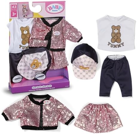 BABY born Glam-Outfit für 43 cm Puppen mit Paillettenrock | Paillettenrock, Jacke, Shirt mit Teddydruck, Cap und Leggings