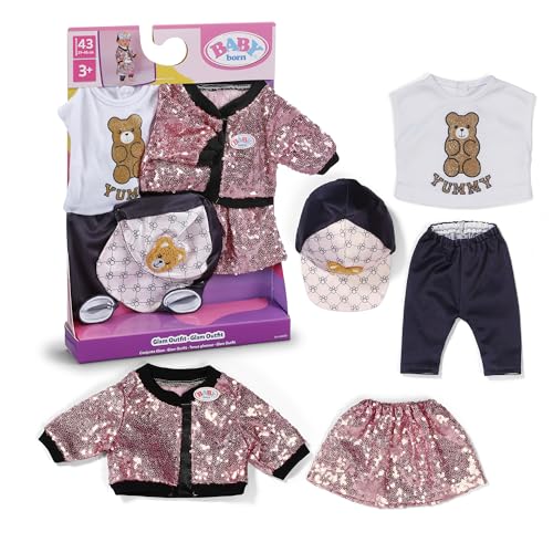 BABY born Glam-Outfit mit pinkem Pailletten-Rock & Jacke Shirt mit Teddydruck Cap & Leggins für 43cm Puppen