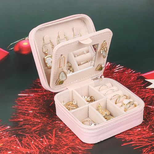 Image of Travel Jewelry Case Box Organizer with Mirror, Jewelry Storage,Green,1 Pcs