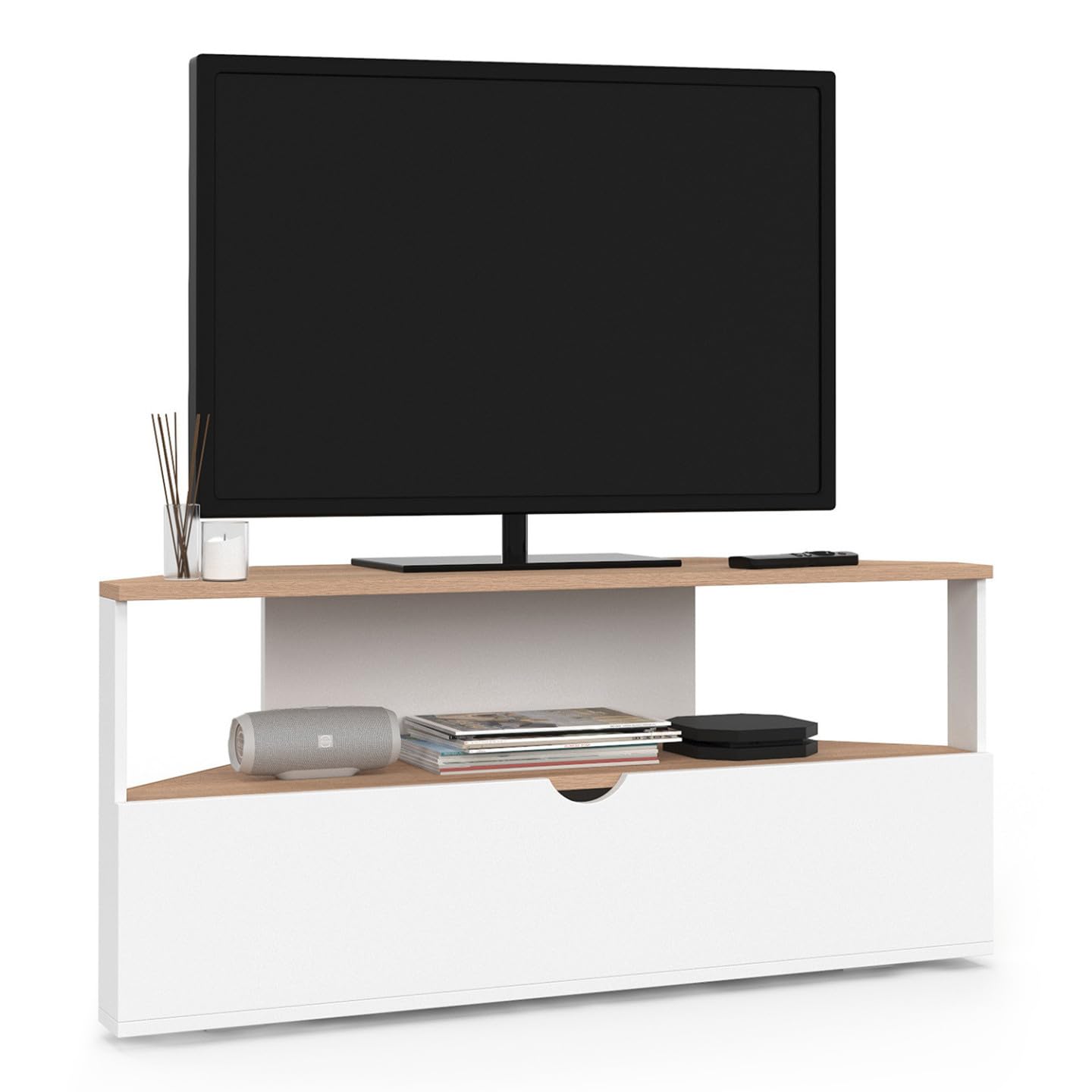 IDMarket - Meuble TV 100 cm d'angle ELI Bois façon hêtre et Blanc