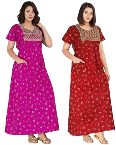 Image of Women's Cotton Jaipuri Nighty Gown - Pack of 2 Rajasthani Print Maxi Night Dress with Pocket - Soft & Comfortable Ladies Sleepwear & Loungewear