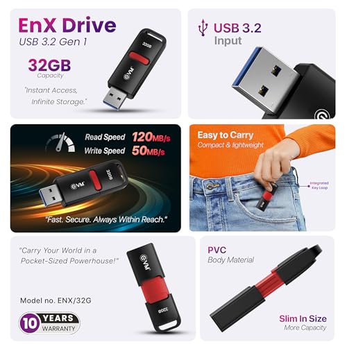 EVM 32GB EnX USB 3.2 Gen 1 Flash Drive - 120MB/s Read & 50MB/s Write, Compact & Durable - 10 Years Warranty, Integrated Key Loop (ENX/32GB) 2 51oYojkda8L