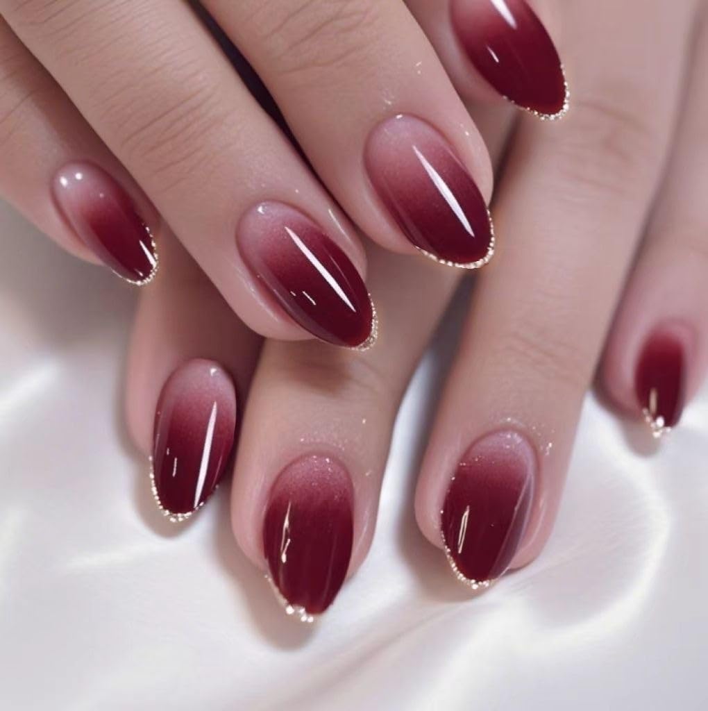 24 Reusable Nail Art Kit for Women with Nail File & Glue Gel | Gold Tip Almond Shape Press On Nails Kit | Nail Extensions for Women & Girls for Festivals & Special Occasions (Deep red + Silver Fingertips)-image-28