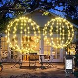iBaycon Outdoor Christmas Lights Mains Powered,Hanging Ball Lights Warm White with Flash Beads,Foldable Sphere Timer Waterproof Decorations LED Fairy Lights,Garden Party House(33cm+28cm,2 Pack)