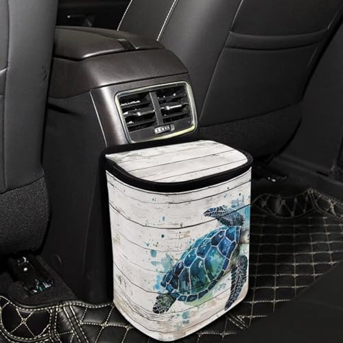 Image of Talayituse Watercolor Turtle Wood Print Car Trash Bin, Large Size Auto Trash Can Adjustable Portable Garbage Can with Lid, Vehicle Hanging Bag for Headrest Front Back Seat