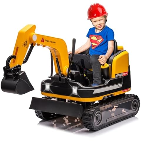 JOYLDIAS 360 Degree Rotating Ride On Excavator and Bulldozer,12V12AH Battery Powered Ride On Toy Backhoe W/Track Design Wheels for All Terrain,Remote Control,MP3,Toolbox for Kids,Parent,Yellow Cover