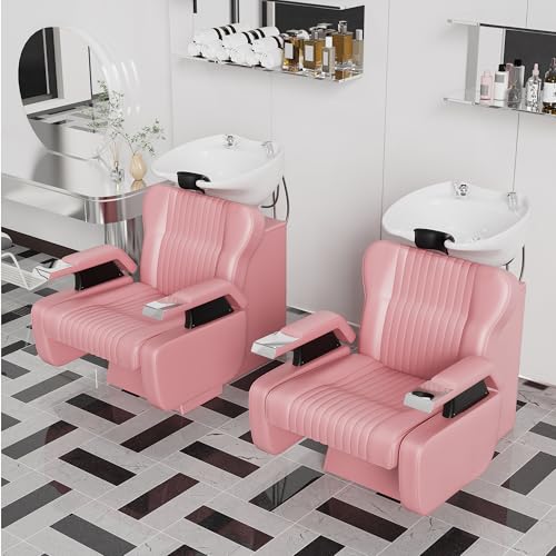 Image of Shampoo Backwash Unit, Barber Backwash Chair, Shampoo Bowl and Chair Set for Salon, Salon Hair Washing Station with Ceramic Shampoo Bowl (Pink)