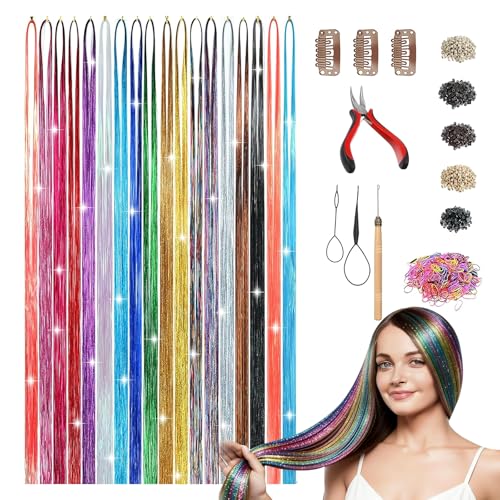 18 Farben Glitzer Haarsträhnen 90cm Hair Tinsel mit Tool 4680 Haar Lametta Kit Rollenspiel Glitzer Strähnen Haare Festival Haarsträhnen Glitzer Sparkle Tinsel Hair für Rollenspiele Festliche