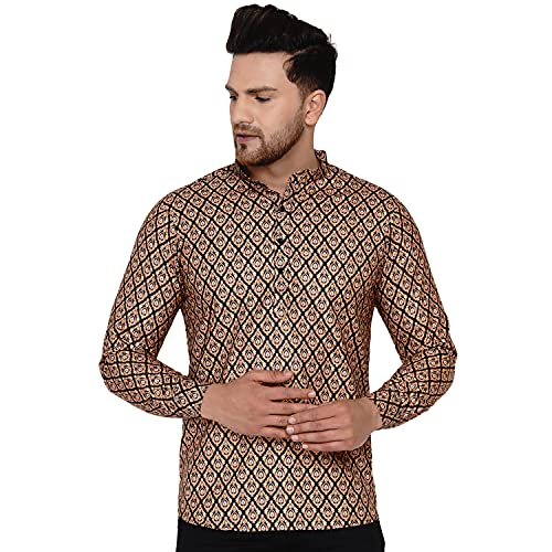 Image of Veera Paridhaan Men's Cotton Printed Full Sleeve Short Kurta(Brown) (VP008208)