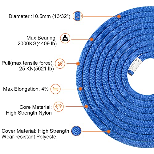 X Xben Rock Climbing Rope, Static Uiaa Mountain Climb Ropes, 10.5Mm 32Ft Blue Mountaineering Climbing Gear For Rescue, Hiking, Outdoor And Indoor #TOP2