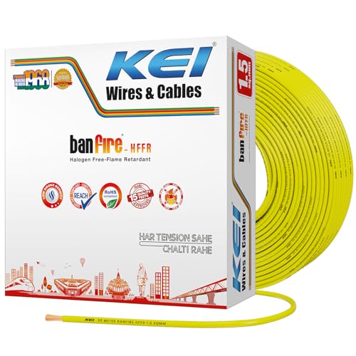 Image of KEI BANFIRE- HFFR 1.5 sqmm 1 Core 99.97% Pure Copper Conductor Heat Resistant Flame Retardant Low Smoke & Halogen - Lead Less House Wire for Domestic & Industrial Electrical Wiring (Yellow,90 Meters)