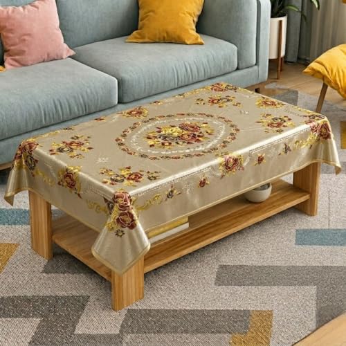 Image of Vintage Royal Floral Gold Center Table Cloth| Waterproof PVC 2-4 Seater Center Table Cover| Dustproof & Anti Slip Decorative Table Cover (Size 36x60, Rectangular, Pack of 1)