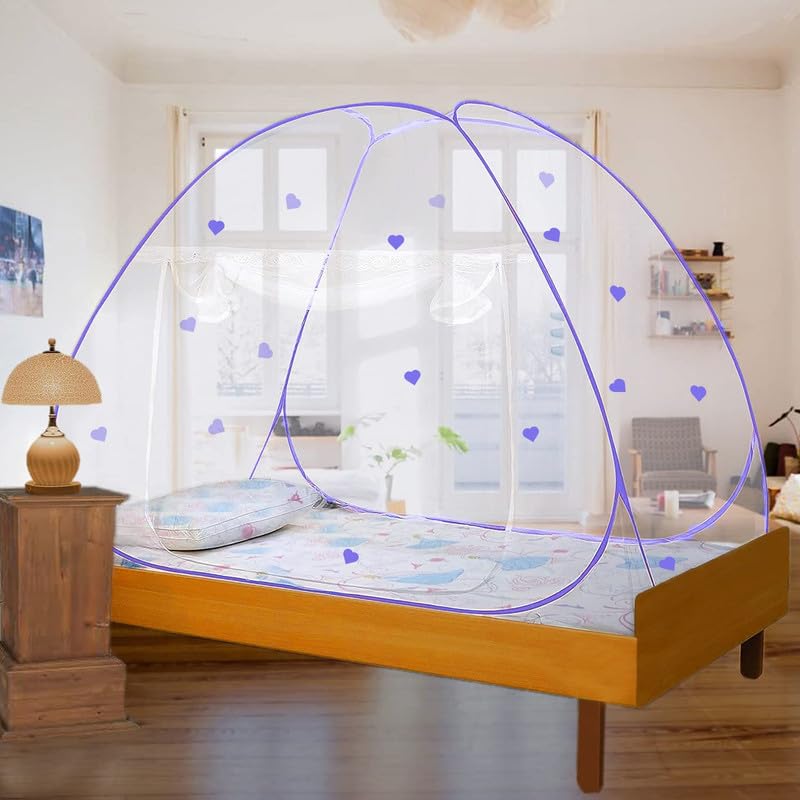 Image of Evafly Mosquito Net for Single Bed with Heart Design | Premium Polyester Mesh | Foldable Pop Up Bed Net | Fine Mesh Protection from Mosquitoes & Insects | Easy Setup, Washable | Purple