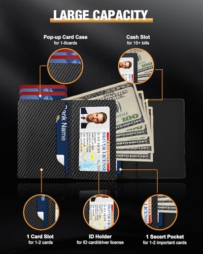 Image of dwnkove Mens Wallet Card Holder - Pop Up Aluminum Case, Flexible Carbon Fiber Leather, Smart Wallet for Men, RFID Blocking, Slim, Minimalist, Front Pocket - 9-14 Card Capacity | ID Window | Cash Slot