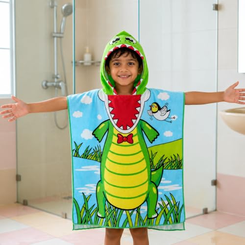 Image of Famyo Poncho Hooded Towel for Kids 1-7 Years | Quick Dry Kids Towel | Soft Lightweight Baby Wrap for Beach | 60 X 60Cm Toddler Pool Towel for Boys & Girls | Micro-Fiber Bath Towels | Crocodile