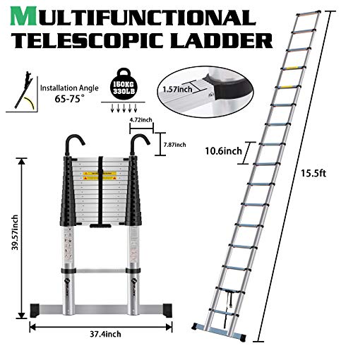 ZeeDix 15.5 FT Multi-Purpose Aluminum Telescoping Ladder with Hook- Upgrade One Button Retraction Safety Home Foldable Durable Stair for RV, Truck, Trailer, Ceiling, Roof Working, 330 lbs Capacity