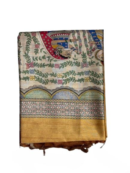 Image of Sanavi's Saree Kuthir Pure Handloom Tussar Ghicha Madhubani Printed Silk Saree with Blouse Piece inside