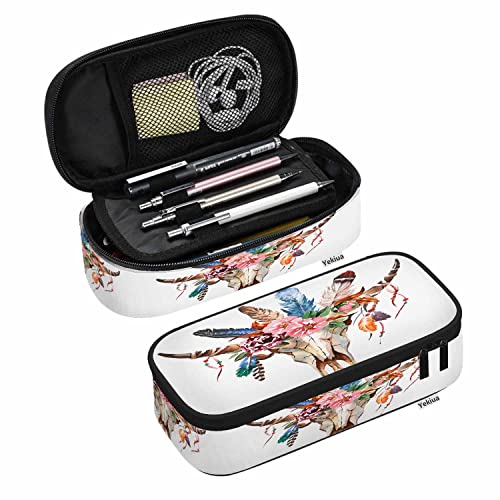 Image of Yekiua Bull's Head Pencil Case Watercolor Fashion Cow Skull Boho Peony Flowers Feathers Big Capacity Pencil Pouch Office College Makeup Bag Colorful