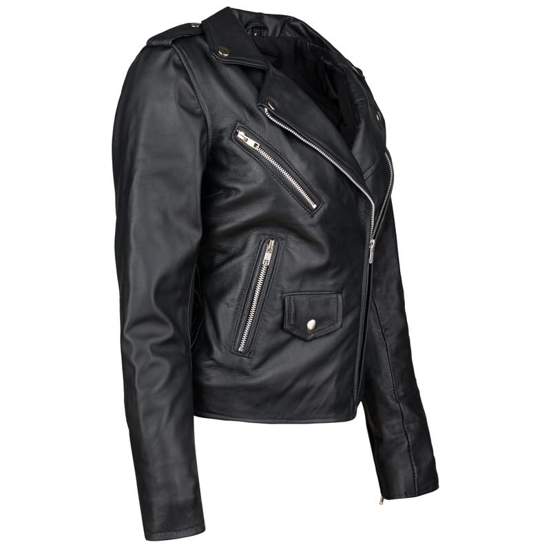 URBAN 5884 Damska kurtka skórzana z prawdziwej skóry jagnięcej, kurtka motocyklowa Amy Slim Fit, asymetryczny zamek błyskawiczny, miękka skóra, czarna, czarny, 5XL